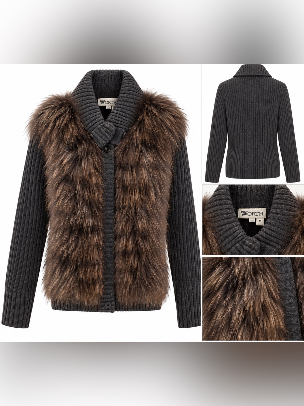 Worth womens Charcoal Knit Jacket with Brown 100% Real Racoon Fur Vest